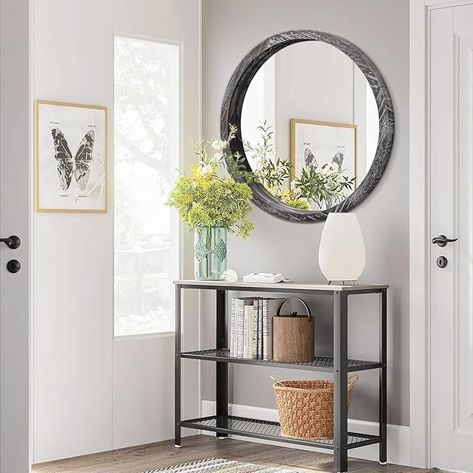 JJUUYOU Round Wall Mirror Circular Wooden Hanging Mirror for Bathroom Large Circle Black Mirror for Decor Wall Mounted Mirror for Farmhouse Living Room Bedroom 24Inch