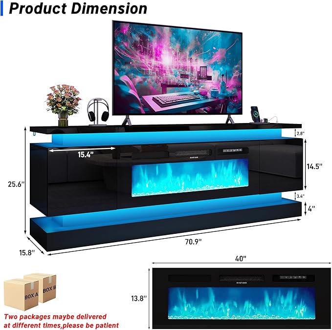 chartustriable 71IN LED TV Stands w/40 inch Fireplace Power Outlet for 85/80/75 Inch TVs,High Glossy Modern TV Media Console Gaming with 2 Storage Cabinets,Dual LED Lights,Black