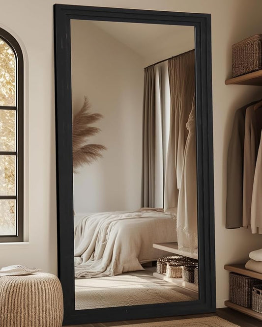 Full Length Mirror, 76"x34" Wooden Mirror Full Length with Stand Wood Floor Mirror, Oversized Stand Up Mirrors Large Wall Mirrors, Wall Mounted Mirrors, Rect Wood Style, Black