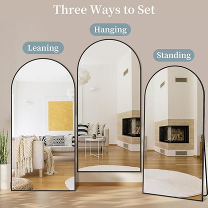 Full Length Mirror with Stand, 76"x44" Arched Full Body Mirror, Large Stand Up Mirrors, Aluminum Frame Floor Standing Mirrors, Freestanding Hanging Leaning Mounted for Bedroom Living Room Black