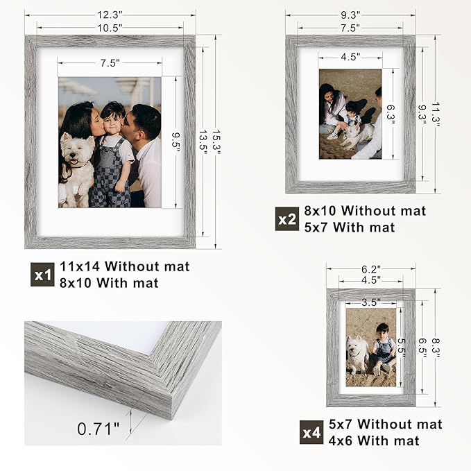 Frametory, Gallery Wall Frame Set of 7 Multiple Sizes 11x14, 8x10, 5x7 Picture Frame Collage with White Mat for Prints, with Real Glass (Grey)