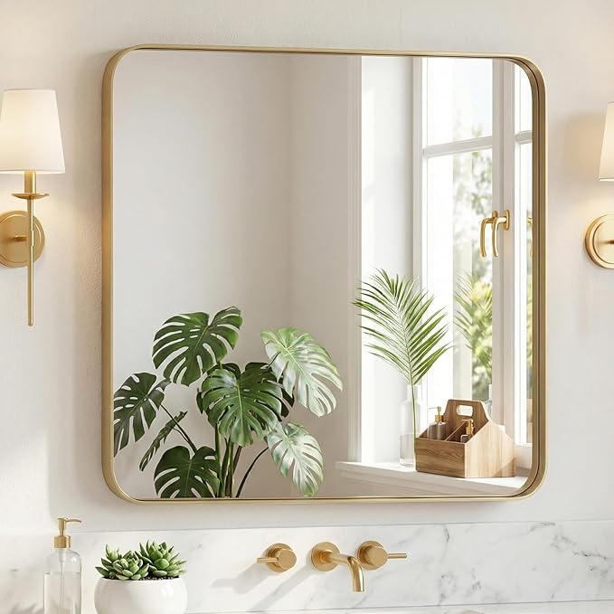 NEWBULIG 30"x30" Gold Wall Mirror, Bathroom Mirrors for Over Sink, Matte Metal Framed Vanity Mirror with Tempered Glass, Entryway, Living Room, Bedroom