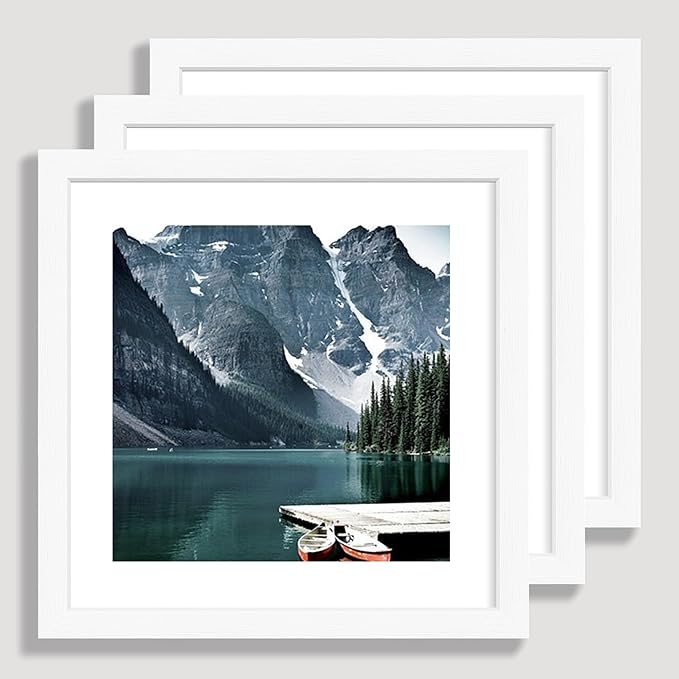 Hongkee 10x10 White Picture Frames set of 3, Made of Wooden and Real Glass Square Photo frame - Displays 8x8 Picture With Mat or 10 x 10 Without Mat, Desktop & Wall Collage Frame set