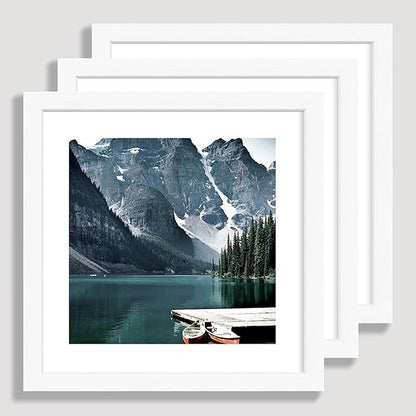 Hongkee 10x10 White Picture Frames set of 3, Made of Wooden and Real Glass Square Photo frame - Displays 8x8 Picture With Mat or 10 x 10 Without Mat, Desktop & Wall Collage Frame set
