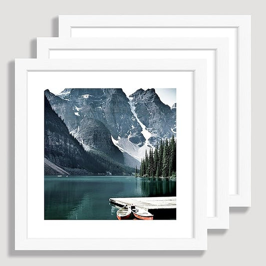 Hongkee 10x10 White Picture Frames set of 3, Made of Wooden and Real Glass Square Photo frame - Displays 8x8 Picture With Mat or 10 x 10 Without Mat, Desktop & Wall Collage Frame set