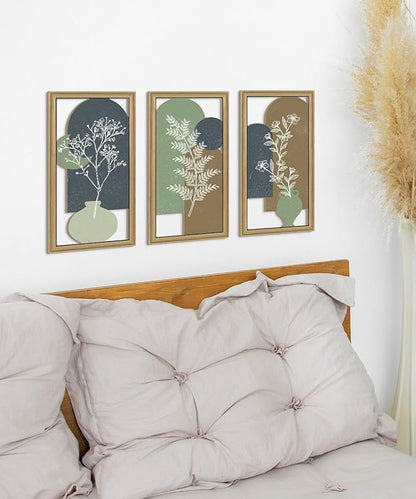 Putuo Decor Botanical Wall Decor Set of 3,Boho Plant Wall Art, Green Bohemian Abstract Wall Decor, Modern Neutral Wooden Frame Decor for Living Room Bedroom Office
