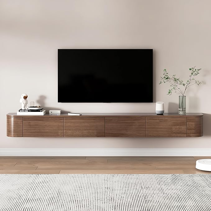 Floating TV Stand 63 Inch Wall Mounted TV Cabinet with LED Light Strip, TV Media Console with Flip-Down Door & Drawers for Living Room (Walnut, Light Strip 62.9")