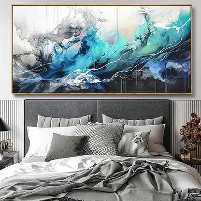 Wall Art Abstract Canvas Painting Teal Blue Modern Artwork for Living Room Bedroom Dining Room Home Office Decor 24"x48" with Framed
