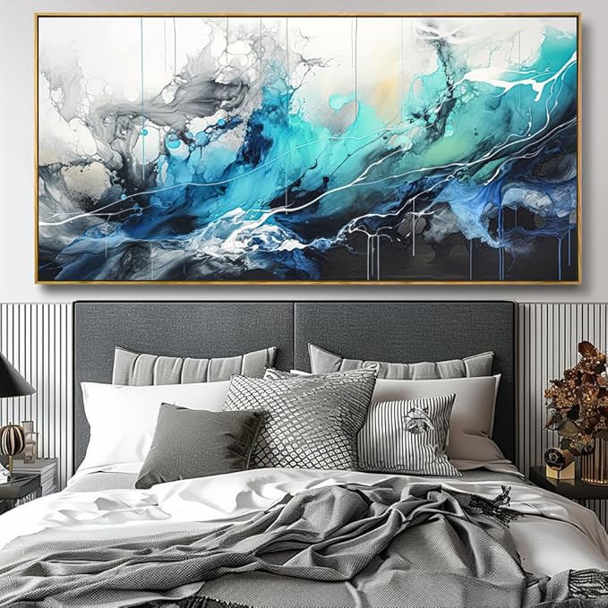 Wall Art Abstract Canvas Painting Teal Blue Modern Artwork for Living Room Bedroom Dining Room Home Office Decor 20"x40" with Framed
