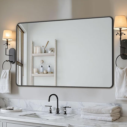 Antok 60x30 Black Metal Framed Bathroom Mirror, Wall Mirror with Round Corners, Vanity Mirror for Over Sink, Anti-Rust Tempered Glass, Horizontal/Vertical Hanging for Bathroom, Living Room, Entryway