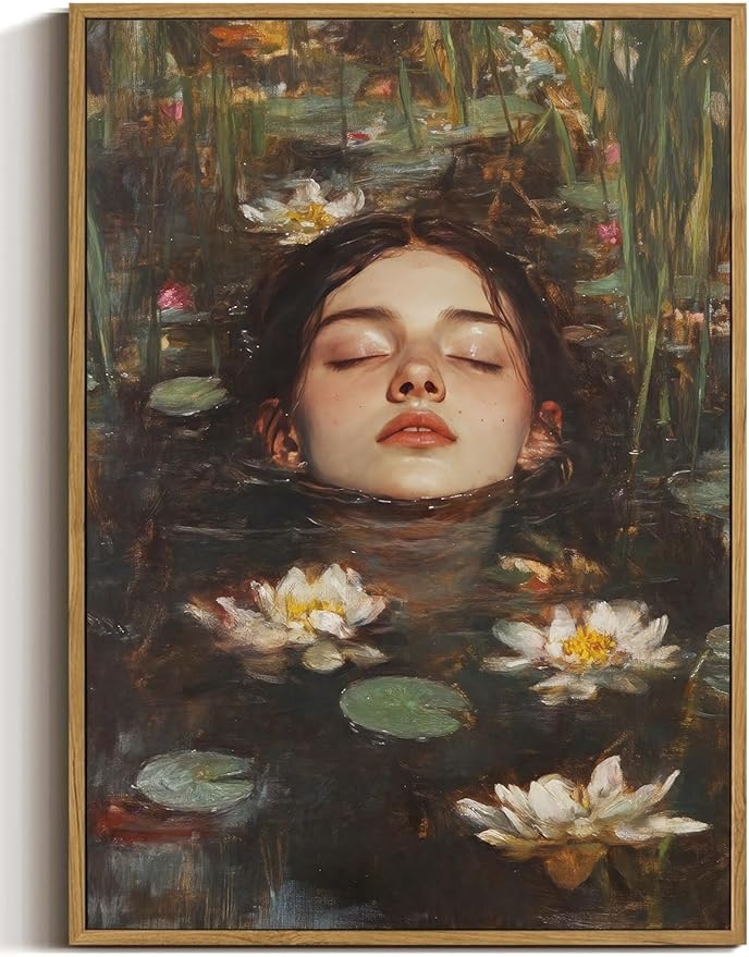 WALLZK Vintage Framed Wall Art Lotus Pool Canvas Prints Woman Portrait Artistic Painting Decor Artwork for Walls Living Room Bedroom Bathroom 16"x24"