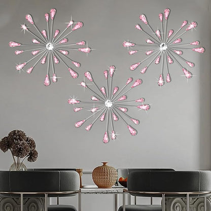 DXYAKY Set of 3 Pink Metal Starburst Wall Art Decor, Rhinestone Crystal Home Decor Accents, 11.8 Inch Decorative Wall Hanging Diamond, Jeweled Sparkle Wall Sculptures for Living Room Bedroom