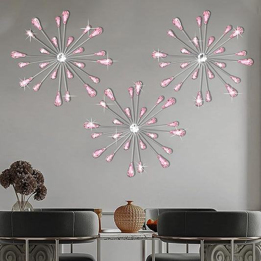 DXYAKY Set of 3 Pink Metal Starburst Wall Art Decor, Rhinestone Crystal Home Decor Accents, 11.8 Inch Decorative Wall Hanging Diamond, Jeweled Sparkle Wall Sculptures for Living Room Bedroom