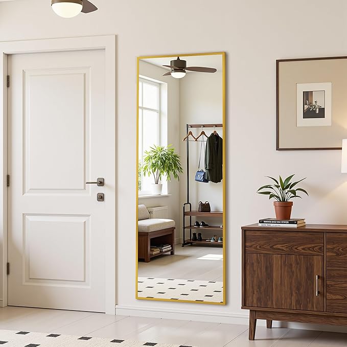 Suidia Full Length Mirror Over the Door&Wall Mounted, 48"x14" Door Mirror with Aluminum Alloy Frame, HD Shatterproof, No-Drill, Hanging Mirrors for Bedroom, Bathroom, Dorm, Closet, Rect, Gold