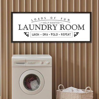 Wash Dry Fold Repeat Wall Decor Art 32"X12" Laundry Room Sign Bathroom Laundry Rules Large Wood Framed Wall Hanging (Black)