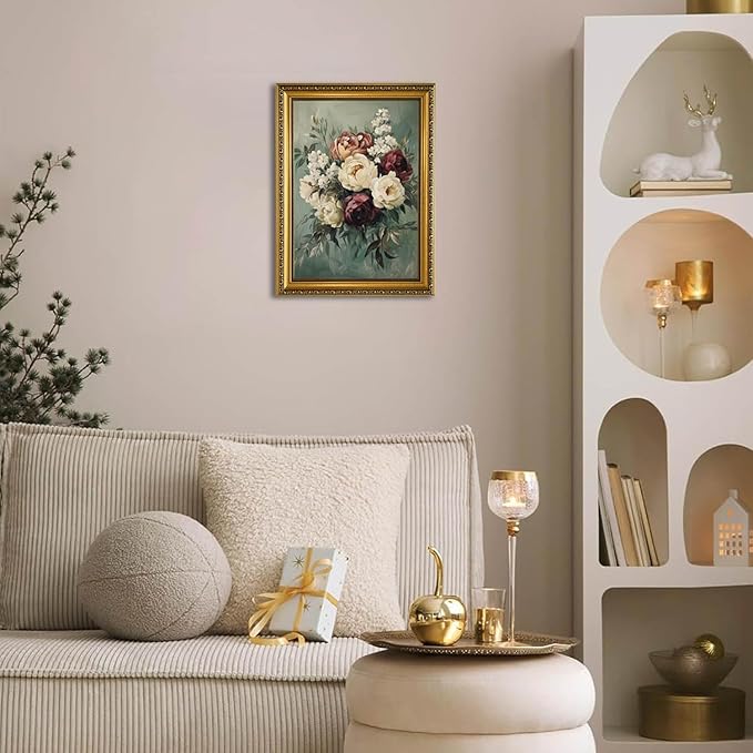 YD&YZY Gold Framed Vintage Wall Art Canvas Still Life Sage Green Flower Farmhouse Print Moody Floral Wall Decor Rustic Cottagecor Painting Picture Print for Dining Room Bedroom 12x16 inch Framed