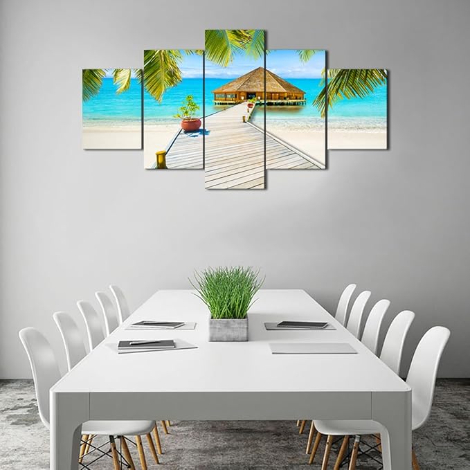 Beach Palm Tree House Scene of Sea Landscape Picture Modern Painting on Canvas 5 Piece Framed Wall Art for Living Room Bedroom Kitchen Home Decor Gallery Wrap Giclee Print (60’’W x 32’’H)