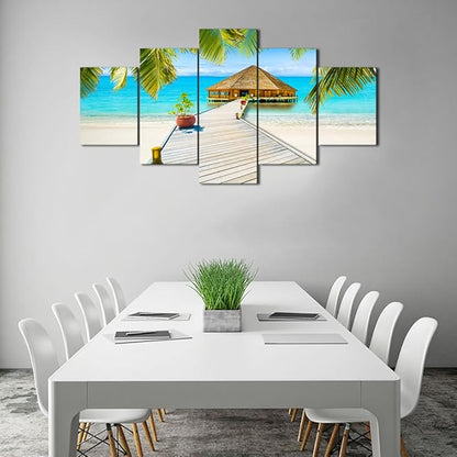Beach Palm Tree House Scene of Sea Landscape Picture Modern Painting on Canvas 5 Piece Framed Wall Art for Living Room Bedroom Kitchen Home Decor Gallery Wrap Giclee Print (60’’W x 32’’H)