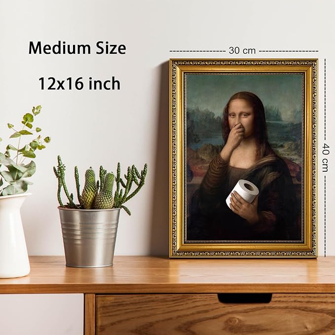 YD&YZY Gold Framed Bathroom Wall Art Mona Lisa Humor Amusing Toilet Art Pinching Nose Wall Decor Funny Vintage Painting Picture Print Whimsical Artwork Bathroom Restroom 12x16 inch Framed