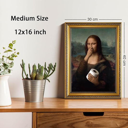 YD&YZY Gold Framed Bathroom Wall Art Mona Lisa Humor Amusing Toilet Art Pinching Nose Wall Decor Funny Vintage Painting Picture Print Whimsical Artwork Bathroom Restroom 12x16 inch Framed
