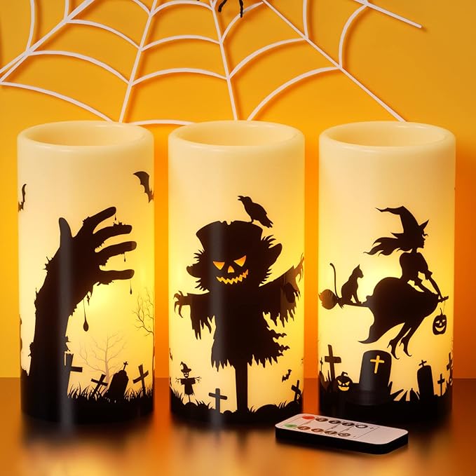 Halloween LED Flameless Pillar Candles Battery Operated Remote and Timer Real Wax Yellow Light Flickering Scarecrow Witch Ghost Hand Decals Halloween Candles Decoration Gifts(3 x 6 Inches)