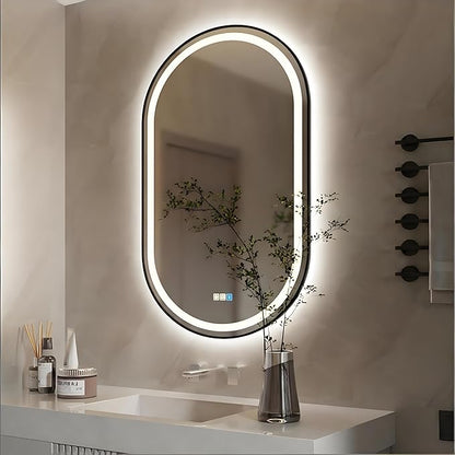 28x36 inches Oval Aluminum Black Framed LED Mirror, Smart Bathroom Mirror with Lights, Anti-Fog, Tempered Glass, 3 Colors Dimmable, Front and Backlit, Wall Mounted, Memory