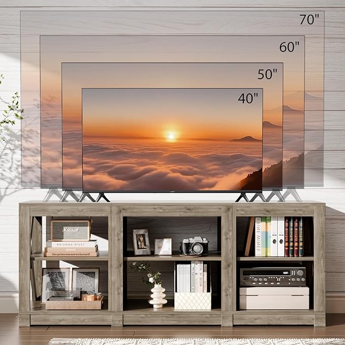 VINGLI TV Stand for 70 Inch TV, Farmhouse Entertainment Center with Storage, Mid Century Modern Media TV Console Table for Living Room Bedroom, Gray Oak