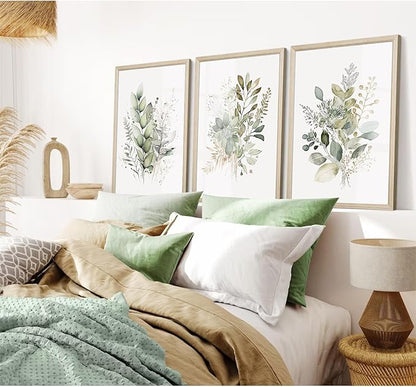 Watercolor Botanical Wall Art Set of 3 Boho Floral Canvas Wall Decor Prints Sage Green Wildflower Wall Art Modern Flower Pictures Botanical Painting for Bedroom Bathroom 12x16 Inch Wood Framed