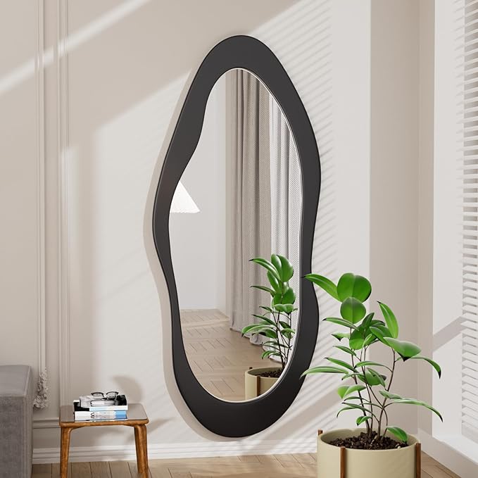 55"x 24" Irregular Wavy Full Length Mirror Black Wooden Framed Full Body Mirror Irregular Wall Mirrors Hanging for Bedroom Living Room Cloakroom