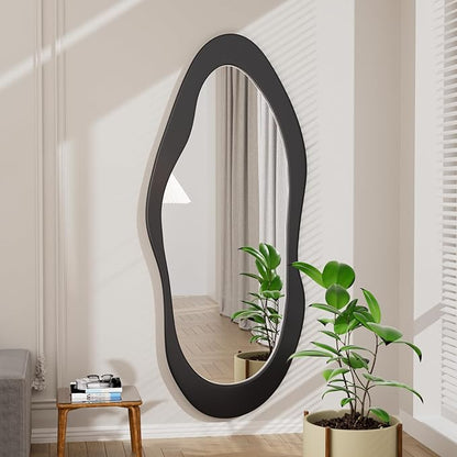 55"x 24" Irregular Wavy Full Length Mirror Black Wooden Framed Full Body Mirror Irregular Wall Mirrors Hanging for Bedroom Living Room Cloakroom