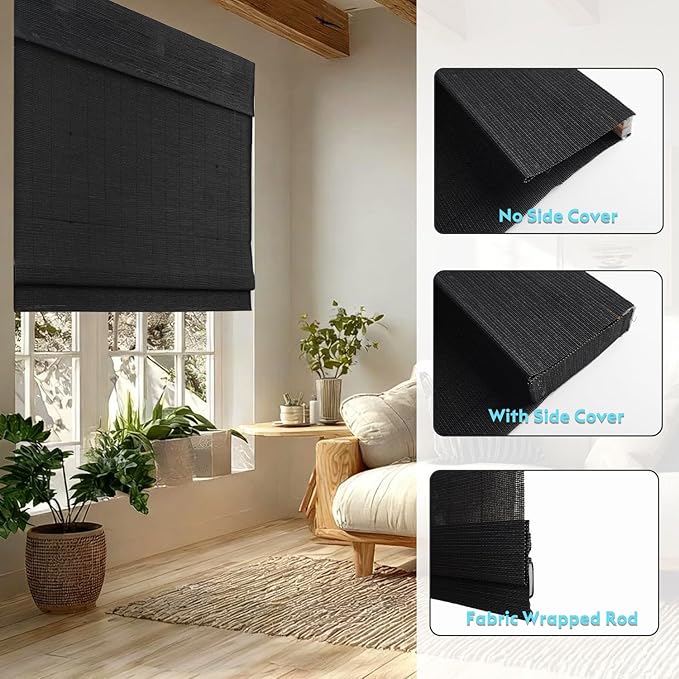 Motorized Bamboo Roman Shades, Motorized Blinds with Remote Compatible with Homekit, Alexa GoogleHome, Smart Wood Woven Shades for Indoor Windows, Customize, Carbon Shade