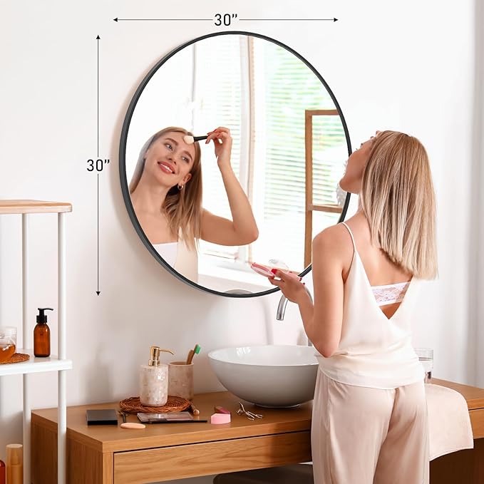 NEWBULIG Round Bathroom Mirror for Over Sink, 30 Inch Wall Mount Vanity Circle Mirror with Matte Metal Framed, Decor for Bathroom, Entryway, Bedroom, Black
