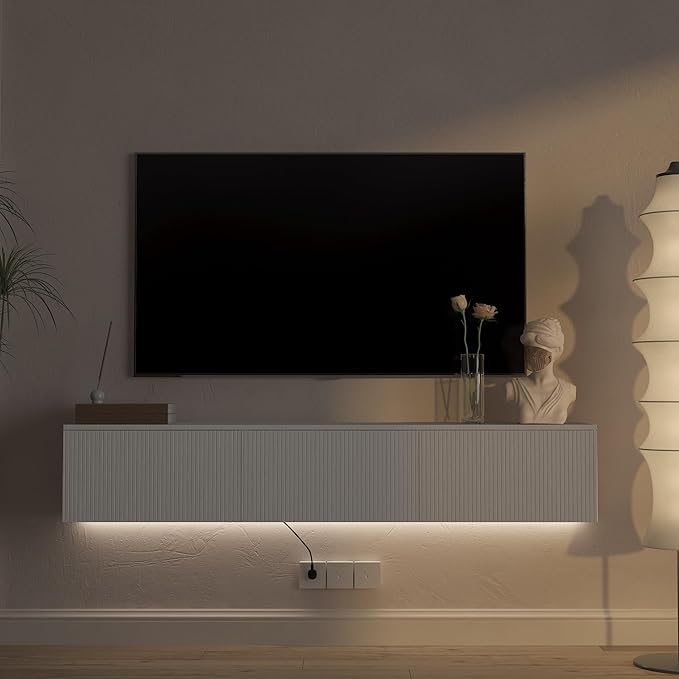 KEIKI 65" Floating TV Stand Wall Mounted with 16 Color LEDs & Power Outlets for TVs Up to 70 Inch, Wooden Media Console Entertainment Center Television Table Cabinet for Living Room, Bedroom