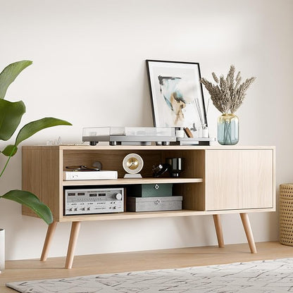 Cozy Castle TV Stand for 48-55 Inch TV, Mid Century Modern Entertainment Center with Storage Cabinet, TV Media Console with Charging Station for Living Room (Oak, 43.3" W x 15.7" D x 19.5" H)