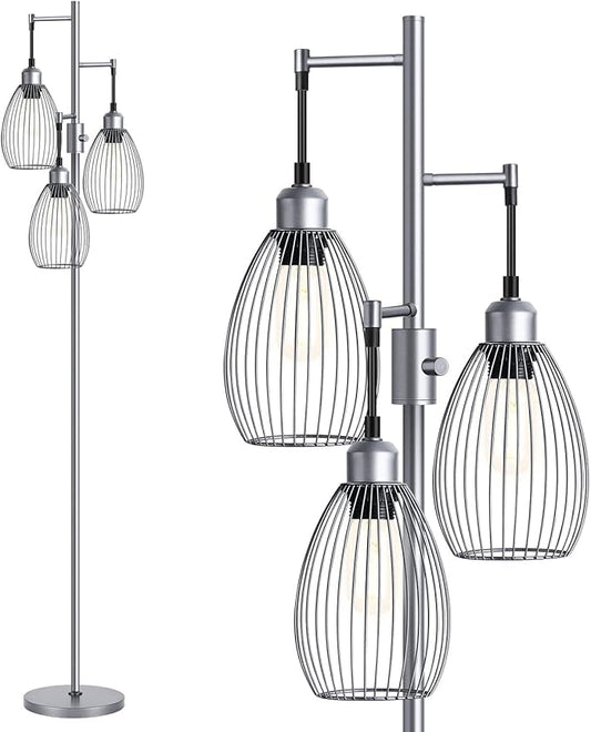 Nintiue Dimmable Floor Lamp, 3 x 800LM LED Edison Bulbs Included, Industrial Floor Lamp Standing Tree Lamp with Elegant Teardrop Cage Heads Tall Lamps for Living Room Bedroom-Grey