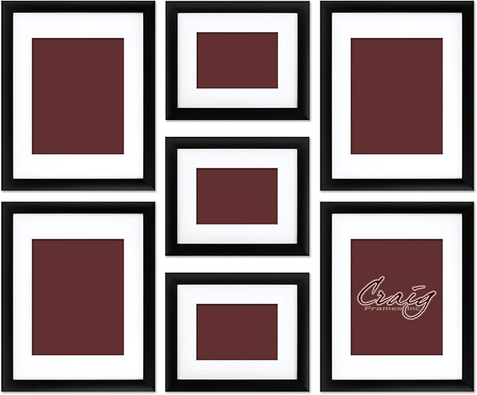 Craig Frames Gallery Wall Frame Set, (4) 11x14 Frames with Mat for 8x10, (3) 8x10 Frames with Mat for 5x7, Black Picture Frame with White Matting for Modern Wall Decor