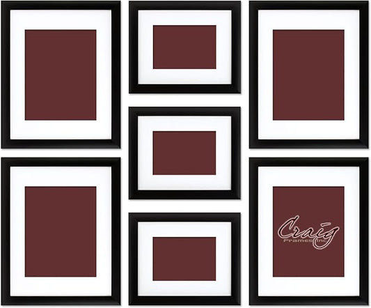Craig Frames Gallery Wall Frame Set, (4) 11x14 Frames with Mat for 8x10, (3) 8x10 Frames with Mat for 5x7, Black Picture Frame with White Matting for Modern Wall Decor