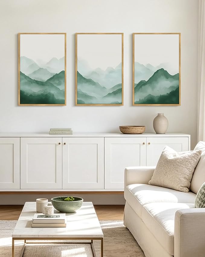 PHOPAGO Green Watercolor Fog Mountains Framed Wall Art Large 16x24in Vintage Nature Landscape Artwork Paints Boho Rustic Scenic Room Decor for Bedroom Hallway - Natural Framed