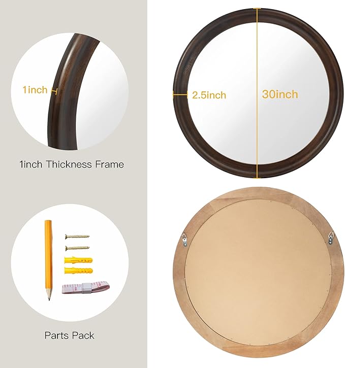 CULER Round Wall Mirrors 30 Inch,Wood Rustic Decorative Transitional Mirror with Walnut Frame for Wall,Farmhouse Hanging Vanity Mirror for Bathroom Bedroom Living Room or Entryway (Walnut Brown)