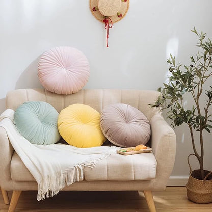 HLOVME Round Pillow Cushion for Couch Velvet Decorative Small Throw Pillow Solid Color for Living Room Bed Floor 15.7”, Navy Blue