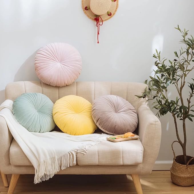 HLOVME Round Pillow Cushion for Couch Velvet Decorative Small Throw Pillow Solid Color for Living Room Bed Floor 15.7”, Wine Red