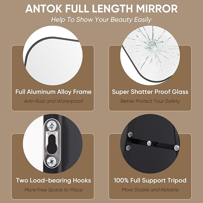Antok Full Length Mirror, 71"x32" Floor Mirror Freestanding, Arched Floor Standing Large Mirror Full Body Mirrors with Stand for Bedroom, Hanging Mounted Mirrors for Living Room, Black