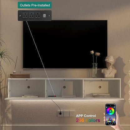 KEIKI 65" Floating TV Stand Wall Mounted with 16 Color LEDs & Power Outlets for TVs Up to 70 Inch, Wooden Media Console Entertainment Center Television Table Cabinet for Living Room, Bedroom