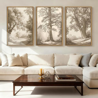 Vintage Tree Canvas Wall Art Framed Rustic Tree Landscape Sketch Antique Painting Neutral Forest Wall Decor 24x36 Inch Farmhouse Botanical Set of 3 for Living Room Bedroom