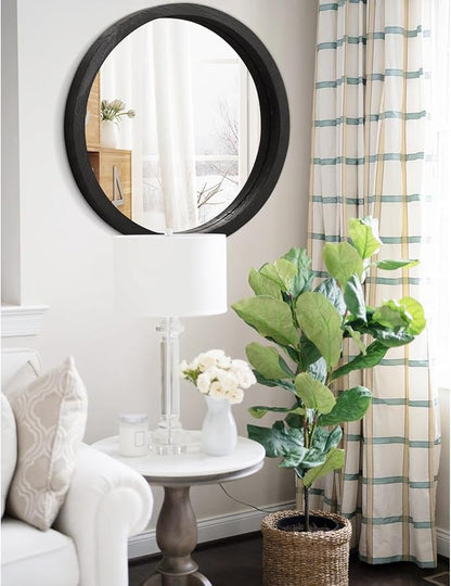 JJUUYOU Round Wall Mirror Circular Wall Mounted Mirror for Bathroom Large Black Circle Mirror for Decor Wooden Hanging Mirror for Farmhouse Living Room Bedroom 24Inch
