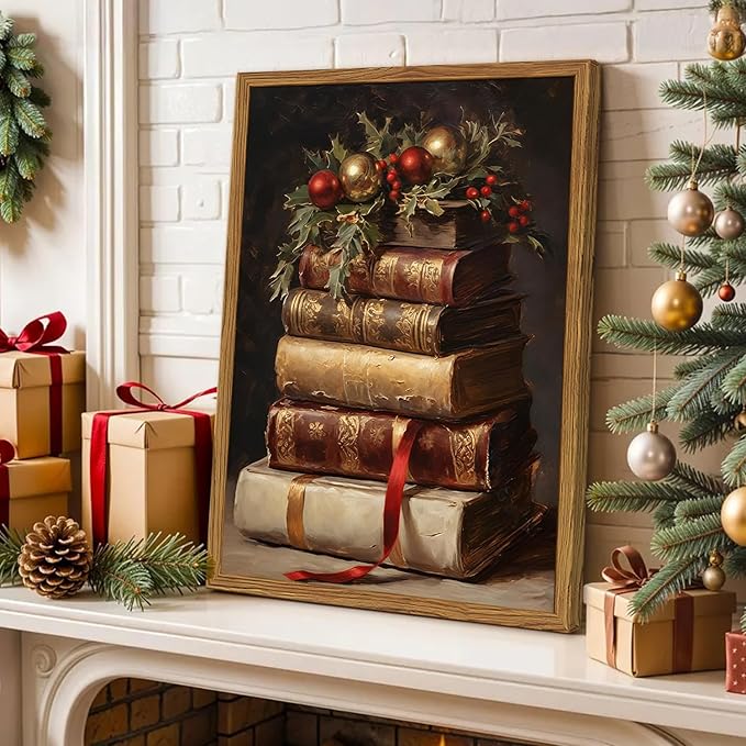 Framed Vintage Christmas Canvas Wall Art, Rustic Xmas Book Artwork Wall Decor Paintings, Retro Winter Holiday Pictures Prints Dark Academia Home Decor for Living Room Bedroom Libiary 12×16 inch