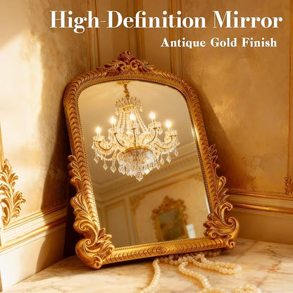 YUSONG Vintage Desk Mirror – 12" Gold Antique Tabletop Mirror with Resin Frame, Decorative Wall Art for Living Room Bedroom Vanity Desk Decor, Birthday Gift