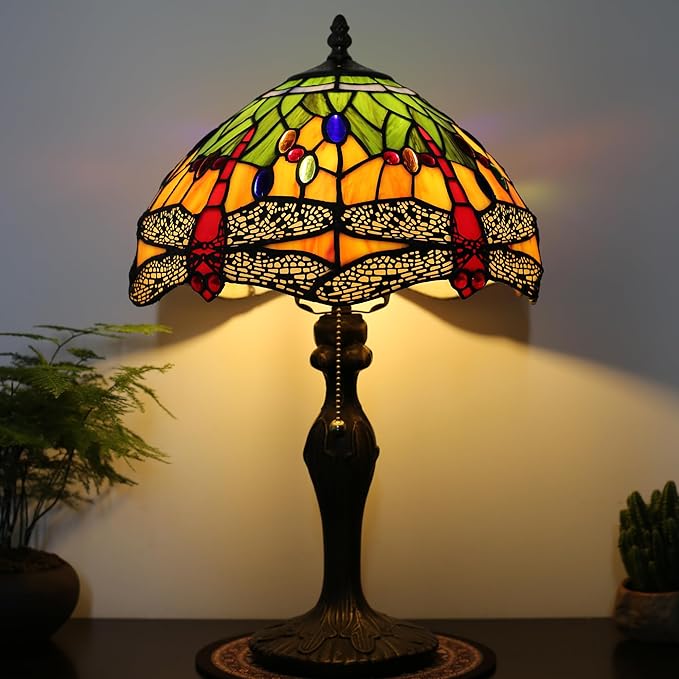 Tiffany Table Stained Glass Table Lamp 12 x 19” Bedside Reading Lamp Yellow Dragonfly Style Decorative Lamp for Desk Living Room Bedroom Office Study Light Decor Gift