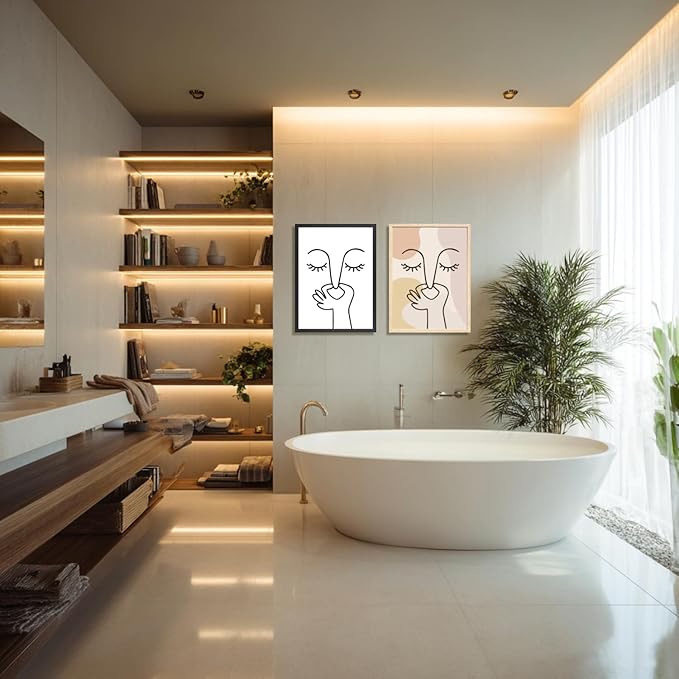 Cyebmo Boho Funny Bathroom Wall Art, Abstract Minimalist Face Line Art Wall Decor, Neutral Aesthetic Art Print, Modern Beige Poster Painting for Bedroom Living Room, Wood Framed 12x16 Inch