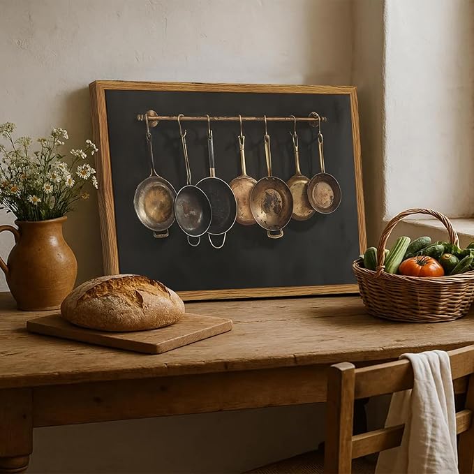 Framed Vintage Kitchen Canvas Wall Art, Farmhouse Pans Pictures Wall Decor Prints, Rustic Hanging Pots Paintings Poster Antique Home Decor Artwork for Dining Room Living Room 12x16 inch